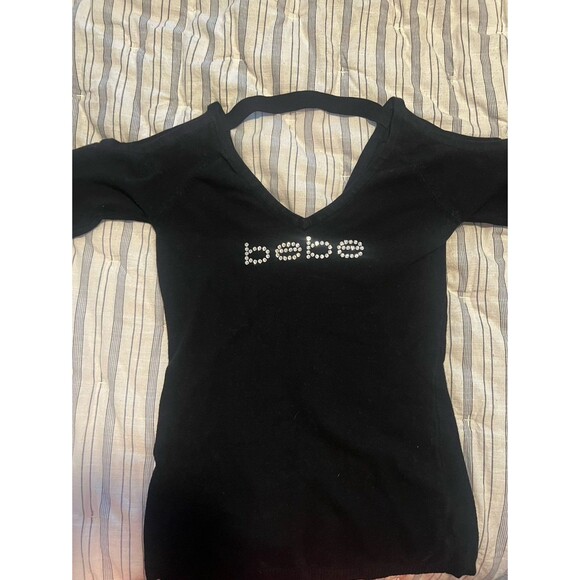 Bebe Swarovski Crystal Bedazzled Y2K Logo Cold Shoulder V-Neck Sweater - Picture 7 of 9
